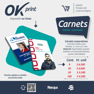 Carnet Desde $6.500, teslin, cantidad mínima a imprimir 9 und